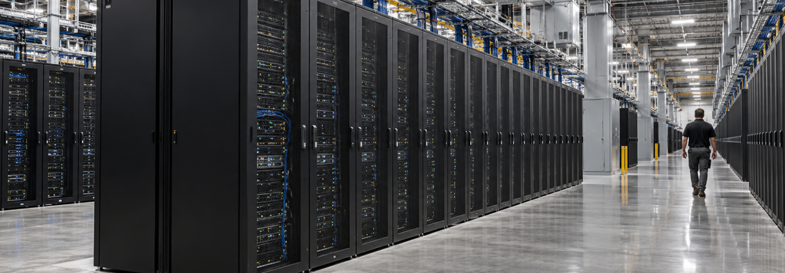 Long rows of server cabinets fill a large data center suite as a technician walks the aisle